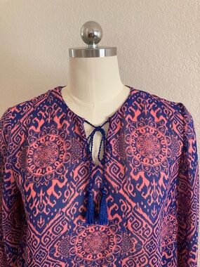 Banana Republic Navy and Coral Medallion Tie-Front Blouse